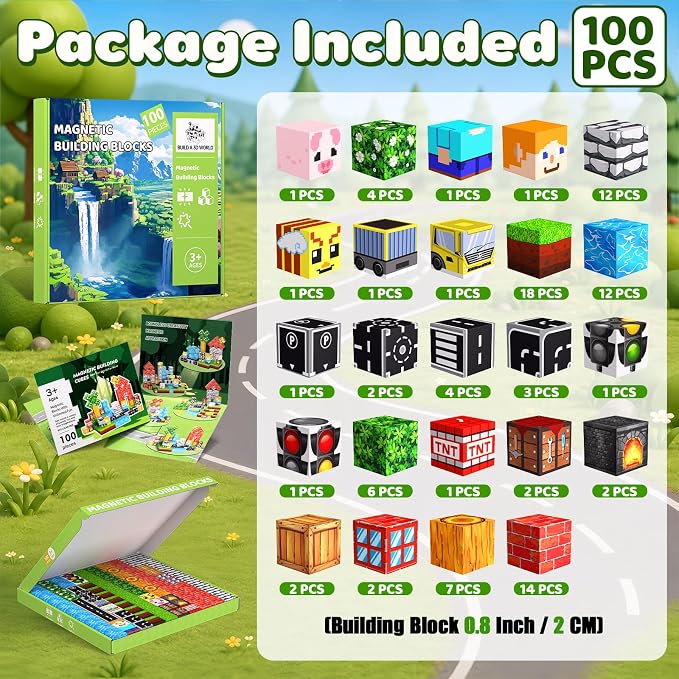 100PCS Magnetic Blocks, Magnetic Building Cube Set for Kids Ages 3+, Constructions STEM Stacking Tiles Toy Building Birthday Gifts for Boys Girls