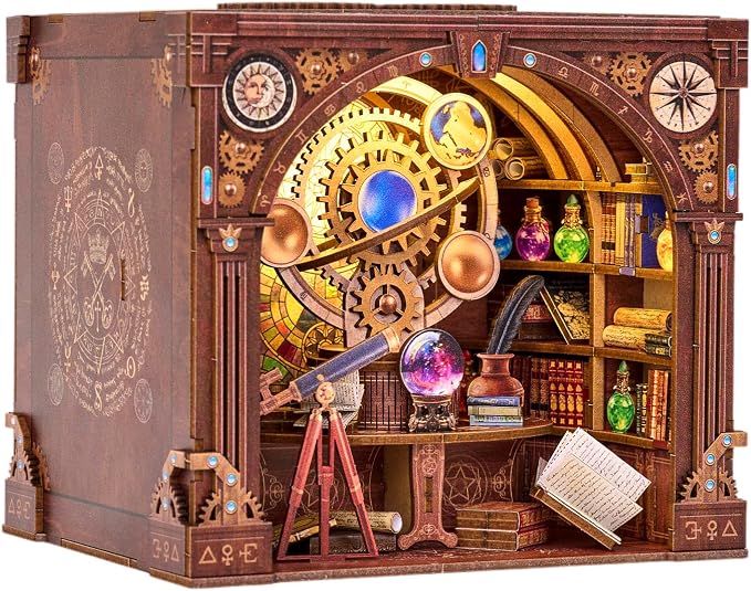 DIY Miniature Dollhouse Kit,3D Wooden Puzzles for Adults to Build, Birthday/Christmas Day Gift for Astronomy & Steampunk Lovers,Mini Zodiac Library with LED Lights,Star Trail Magic Workshop