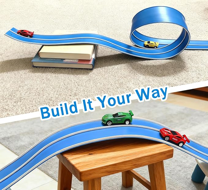 15 Ft Flexible Race Car Track (Daytona Blue) for Kids,Flex Track Starter Set Compatible with Hot Wheels and Diecast 1/64th Cars,Portable Racetrack Roll Up Race Track with 4 Racecars and Suction Cups