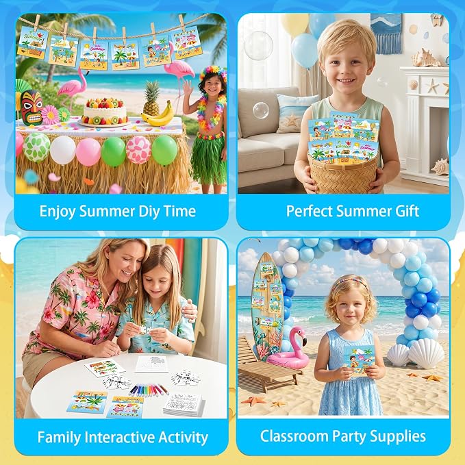 Fennoral 24 Pack Summer Craft Kit for Kids Bulk Make You Own Summer Jigsaw Puzzle with Base Design DIY Coloring Art and Craft for Classroom Activity Luau Party Supplies Birthday Gifts,4.7inch