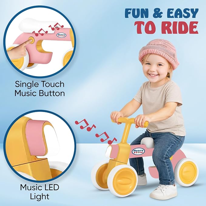 Henry & Colin First Balance Bike for 1 Year Old, 4 Wheel Toddler Bike with Fun Lights & Music, Soft Seat, No-Pedal Ride On Toy, 1st Birthday Gift for Boys & Girls Ages (12–36 Months) Classic Pink