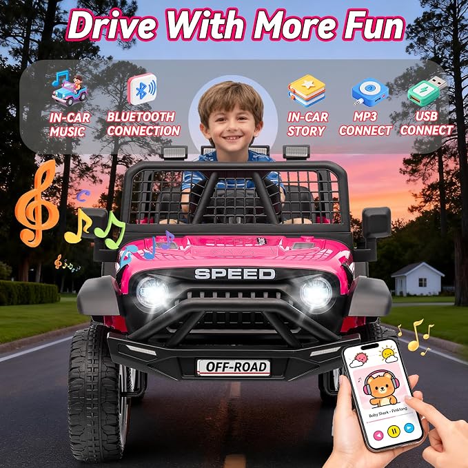 24V Jeep Power Wheels w/Remote Control, 4WD Ride on Truck Car, 3 Speed, Bluetooth Music, Wide Seat, Spring Suspension, LED Light, Birthday for Boys Girls Toddler (Rosered)