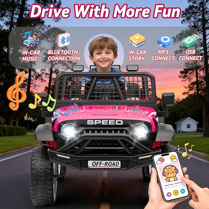 24V Jeep Power Wheels w/Remote Control, 4WD Ride on Truck Car, 3 Speed, Bluetooth Music, Wide Seat, Spring Suspension, LED Light, Birthday for Boys Girls Toddler (Black+Pink)