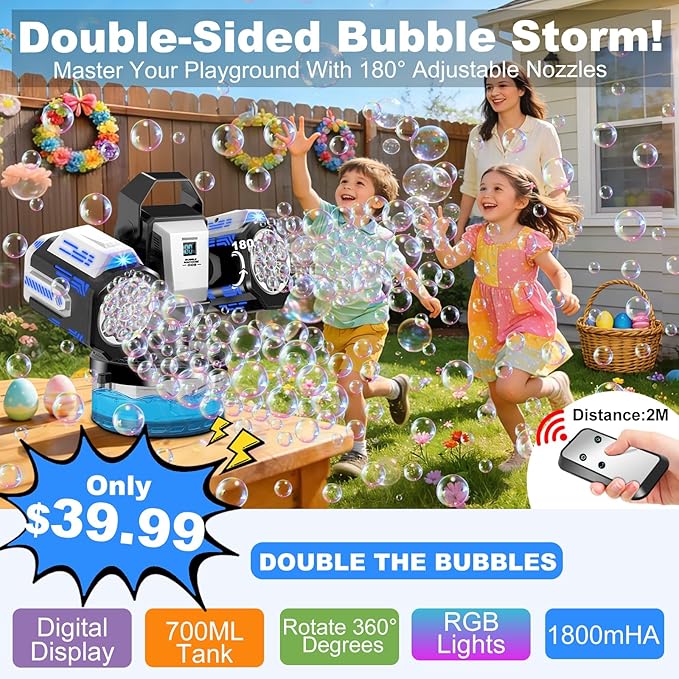 Rechargeable Bubble Machine with RGB Lights: 30,000 Bubbles Storm, Auto 360° Rotation & Remote Control - with Bubble Refill Solution & Power Display for Romantic Weddings, Kids Parties, Outdoor Fun