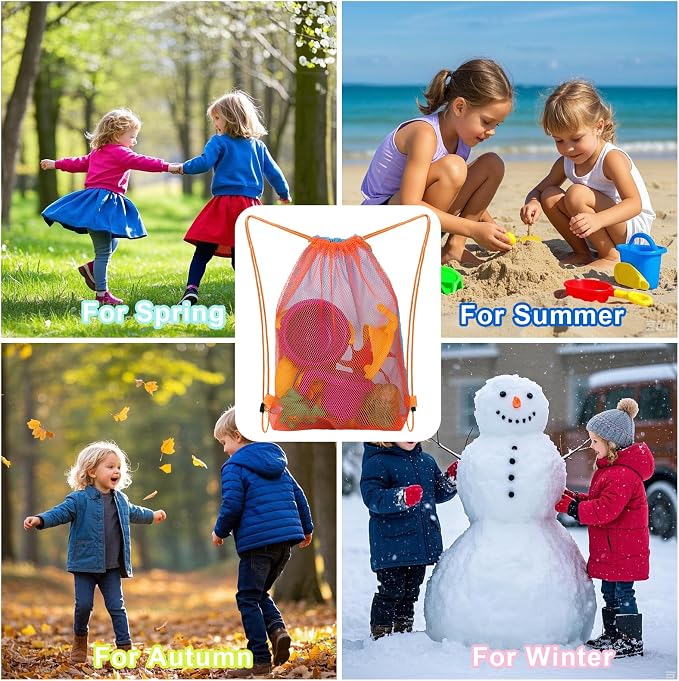 Vodolo 3pcs Beach Toy Bag,Mesh Travel Sand Toys Backpack for Sandbox Buckets,Beach Vacation Essentials for Kids,Shell Collecting Bag Shelling Tools,Must Haves Sand Box Toys Seashell Bags