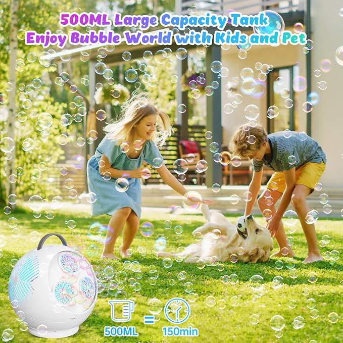 IFLOVE Bubble Machine for Kids 3+-45°/360° Rotating Bubble Blower with RGB LED Light,30000+ Bubbles Per Minute,Automatic Portable Bubble Maker for Boys Girls,Outdoor Party Easter Birthday Gift (White)