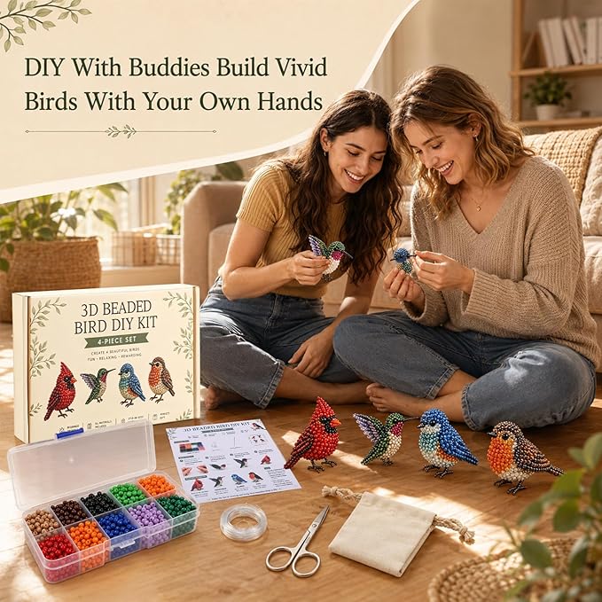 BLOWADM 4Pcs Tiny 3D Beaded Animal DIY Kit,Easy DIY Beading Embroidery Kit,3D Animal Themed Beadwork Kit for Beginners & Craft Enthusiasts, with Instructions