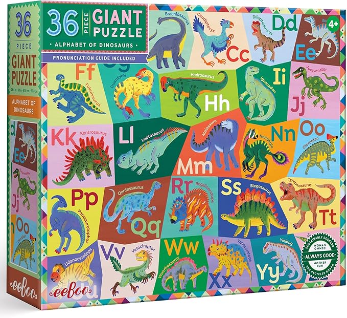 eeBoo 36 Piece Giant Floor Puzzle - Dinosaur Alphabet Children's Puzzle ABC & Dino Themed, Large Pieces for Small Hands to Develop Motor Skills