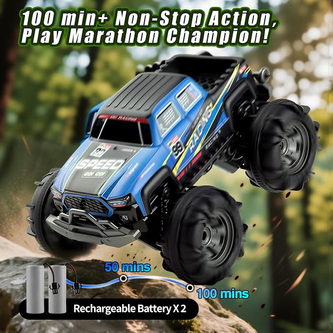 Amphibious Remote Control Car, Monster Trucks for Boys Age 4-7, Monster Truck Toys W/Blocks & 360°Spin, 4WD All-Terrain Off-Road RC Cars with 2 Batteries 100 min, 2.4GHz Pool Toy Gift for Kids