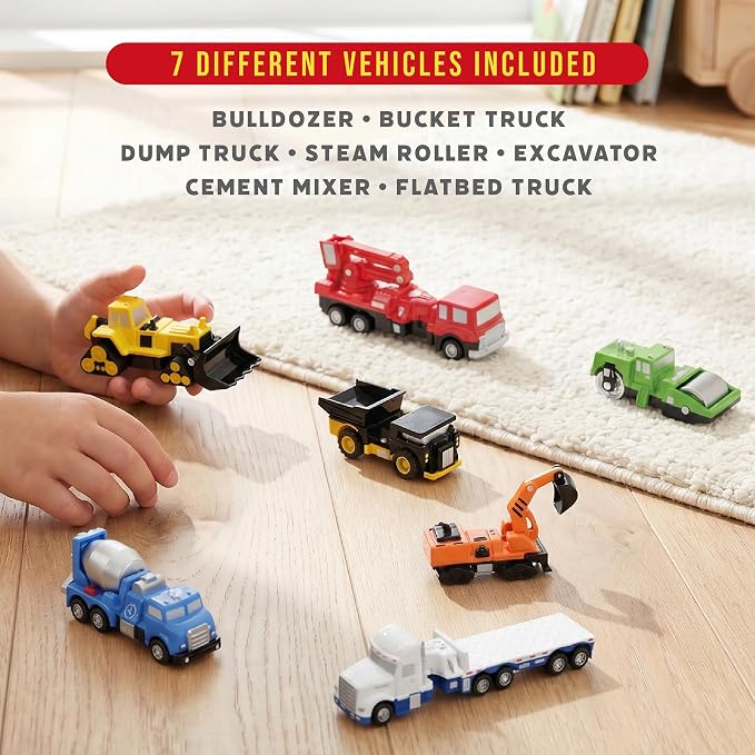 Popular Playthings Magnetic Vehicles for Toddlers 1-3, Mini Mix or Match Car Toys, Set of 7 Gift for Kids - Construction Trucks