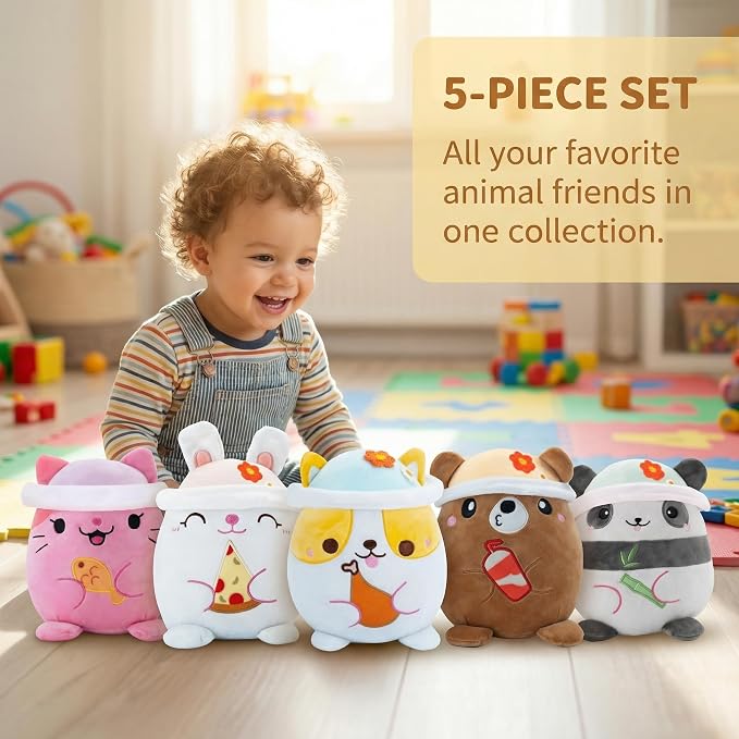 AIXINI Animal Plush Toys Set - Panda, Brown Bear, Bunny, Corgi, Pink Cat with Cute Hats, Soft Stuffed Animals for Kids, Christmas Birthday Gifts (Five-in-one, Medium Size)