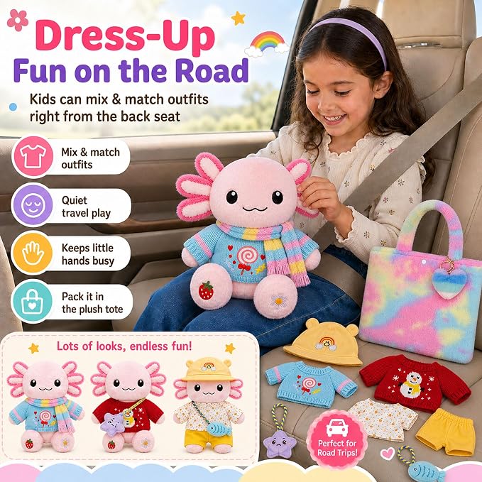 KUMANEKO Cute Axolotl Plush Gift Set with 12 Pcs Axolotl Stuffed Animal Clothes & Accessories, 13-Inch Axolotl Toy, Birthday/Graduation Gifts for 3/4/5/6/7/8/9/10/11/12 Girls Kids