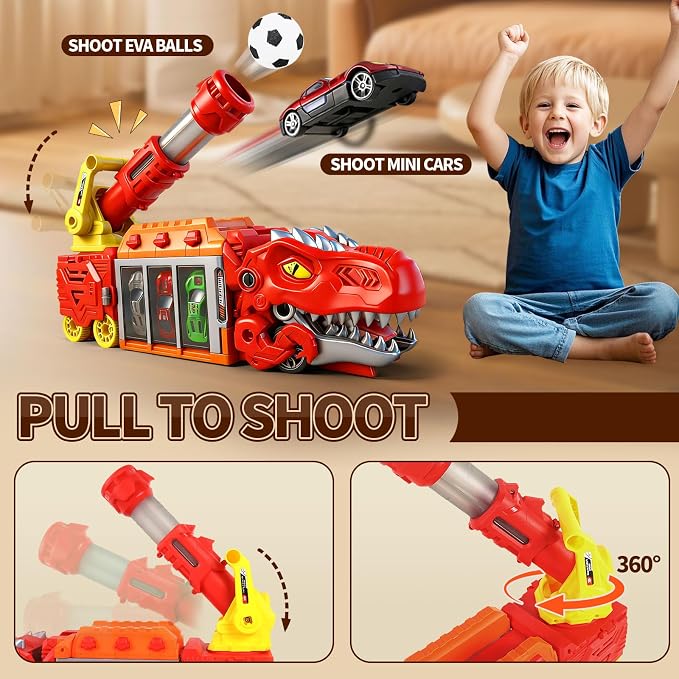 STBEIMEIMY Tyrannosaurus Rex Truck, Ejection Shooting Toy with 10 Cars & Storage Shooting Launcher Action, Foldable Storage Holds 10 Cars, 12 Soft EVA Balls, Safe for Toddlers 3+