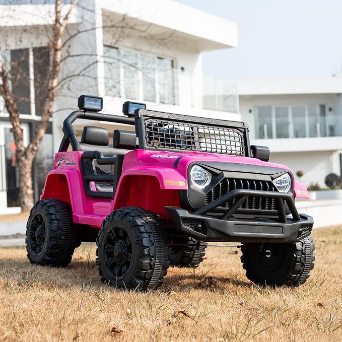 12V 7AH Kids Ride-On Truck Jeep, Electric Car with Parent Remote Control, Spring Suspension, LED Lights, Bluetooth, Music, Pink