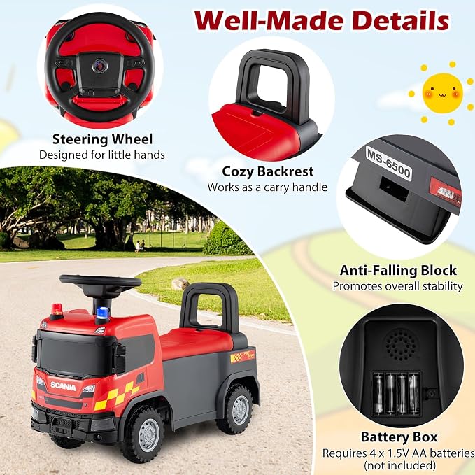 Costzon Ride On Push Car, Licensed Scania Fire Truck for Toddlers with Sirens, Horn, Music, Lights, Under Seat Storage, Foot-to-Floor Sliding Car, Kids Ride On Toys for Boys Girls 18+ Months