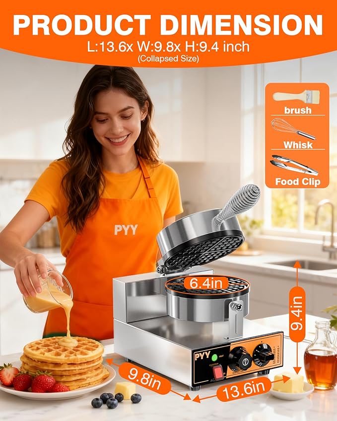 PYY Commercial Waffle Maker - 20Pcs/H Stainless Steel Round Belgian Waffle Machine, 1300W Non-stick Waffle Iron, Time Control and Temperature Adjustable, for Home Kitchen, Breakfast Restaurant