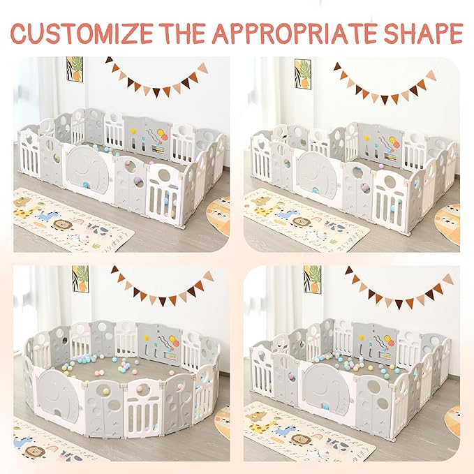 Baby Playpen, 14-Panel Foldable Play Pen for Babies and Toddlers, Indoor Outdoor Baby Fence with Sensory Play Panel, Adjustable Shape Activity Play Center, Portable & Easy Assemble