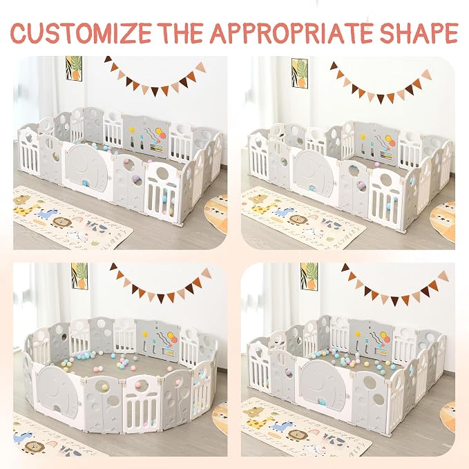 Baby Playpen, 18-Panel Foldable Play Pen for Babies and Toddlers, Indoor Outdoor Baby Fence with Sensory Play Panel, Adjustable Shape Activity Play Center, Portable & Easy Assemble