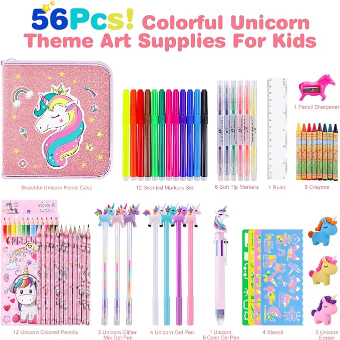 MAIGOZON Unicorn Gifts for Girls - 56 PCS Scented Markers Art Supplies Set for Kids Ages 4-8, Coloring Drawing Kit with Glitter Unicorn Case & Quick-Dry Gel Pens, Birthday Christmas Gift