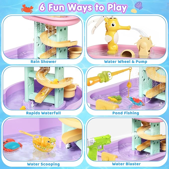 Toddler Water Table for Kids - Sand and Water Table with 28PCS Toy Accessories & Rain Shower Sprinkler, Outdoor Sensory Water Play Table, STEM Toy Summer Gift for Boys Girls Ages 3-8