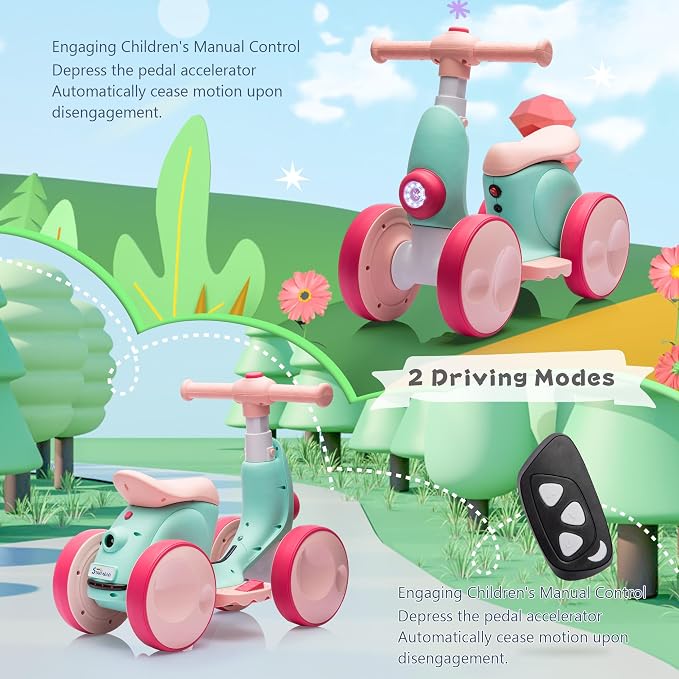 JoyRydz 6V Electric Baby Balance Bike with Bubble Machine,4 in 1 Toddler Balance Bike w/Remote for 1 Year Old Boys Girls Kids Bubble Bike Ride on Toys w/Powered Motor,Music,LED Lights (Green&Red)