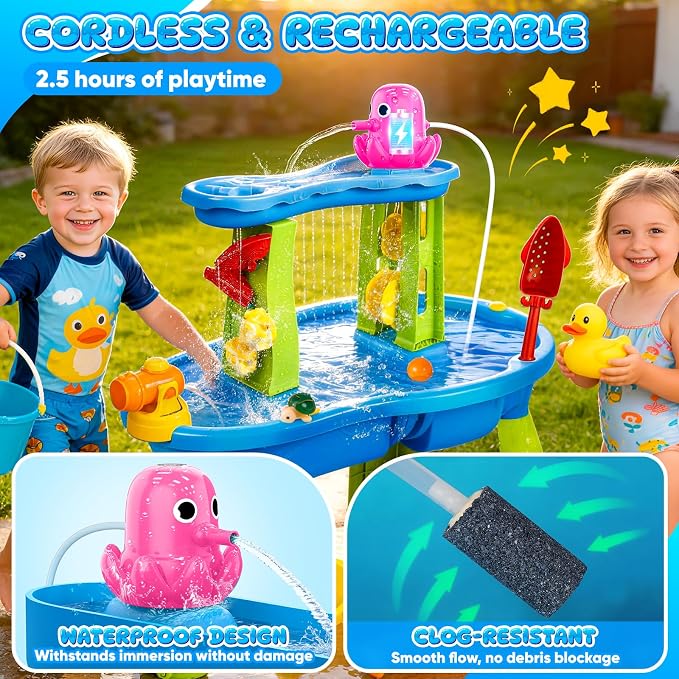 Water Table Pump, Magnetic No-Drill Rechargeable Battery Powered Continuous Flow Water Pump, Fits Water Tables & Step 2, Cordless Pump Toys, Outdoor Water Play Accessories for Kids & Toddlers, Pink