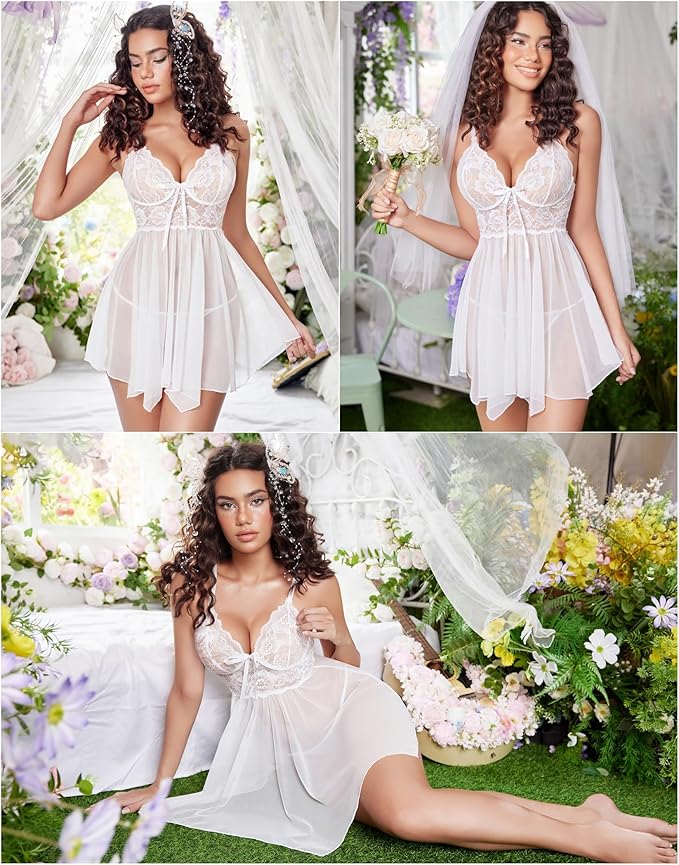 Avidlove Women Lingerie Lace Babydoll Mesh Nightgown Chemise Boudoir Nighty Sleepwear