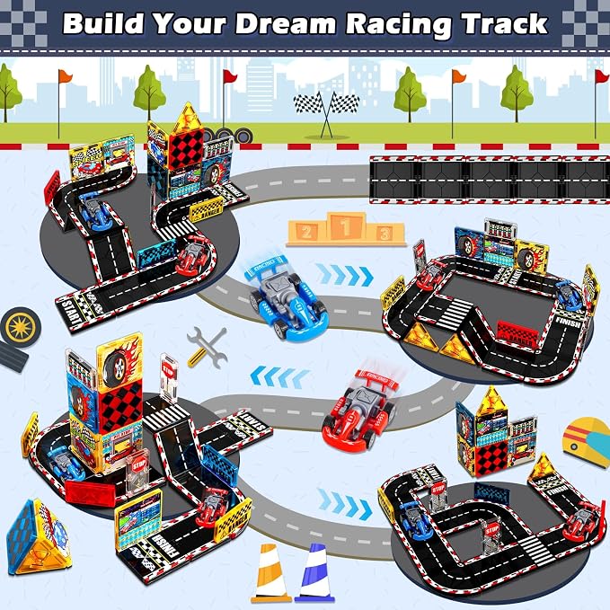 Magnetic Tiles Road Set, Rail Race Track with 2 Racer Cars, Magnetic Car Racing for Kids Ages 3 4 5 6 7 8, Magnet Building Blocks STEM Toy Birthday Gifts for 3＋ Years Old Boys Girls