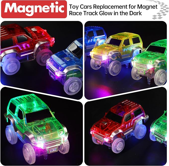 Magnetic Track Cars Replacement Only, Flex Track Race cars Accessories Construction Building Kits for Magnet Tracks Glow in the Dark, Only Compatible with Magnetic Car Tracks for Kids Ages 3+ (4pack)