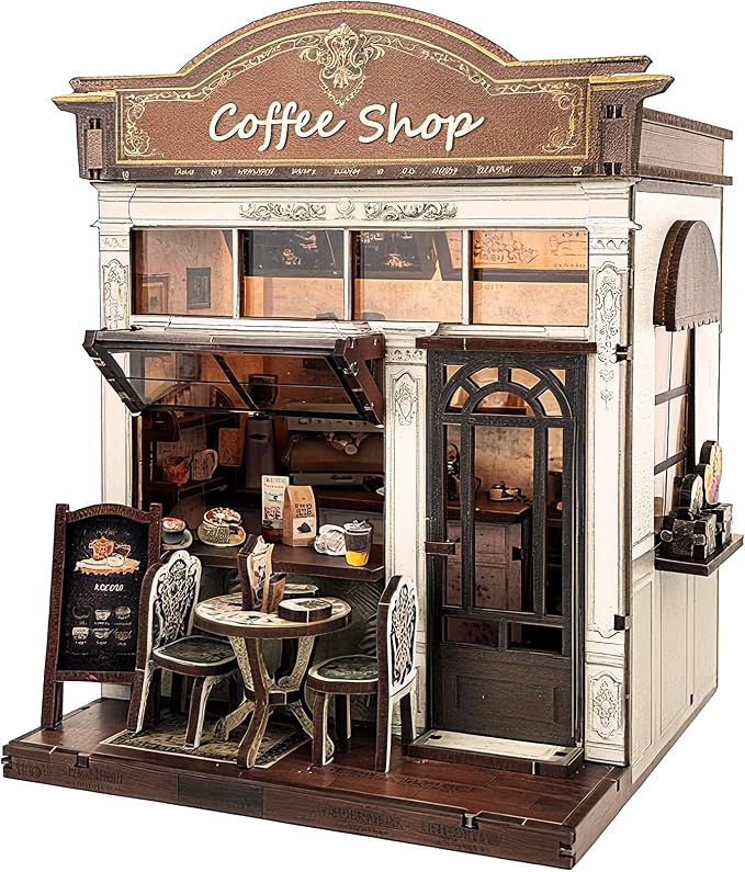 3D Wooden Coffee Shop Book Nook Kit - DIY Miniature Model with LED Lights, 143 Precision-Cut Pieces for Adults & Teens (1:24 Scale, Stress Relief Craft Gift)