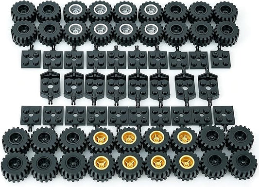 Pamvava Wheels and Axles Building Sets, 100 Pieces Vehicle Truck Tires Car Parts Accessories,Compatible with Major Brands Bulk Bricks, Construction Toys (Gold & Silver Hubs)