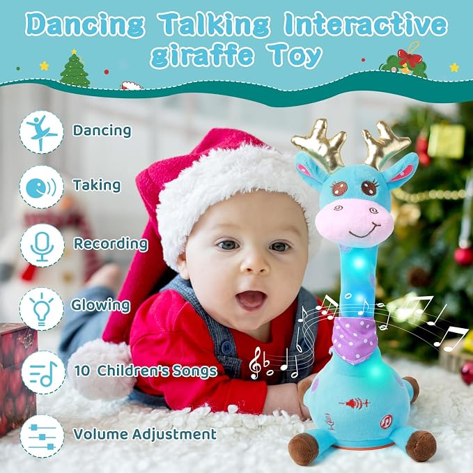 Dancing Talking Giraffe Toy, Stuffed Animal Baby Toy Repeating What You Say, Glowing Musical Giraffe Gifts for Toddlers 1-3 Years Old, for Kids (Blue Giraffe Antlers)