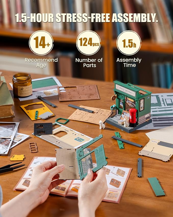 Robotime DIY Miniature House Kit for Adults, 1:28 Diorama Dollhouse with LED Lights, 3D Wooden Puzzles for Adults, Creative Crafts & Unique Gift for Craft Enthusiasts (Century Post Office)