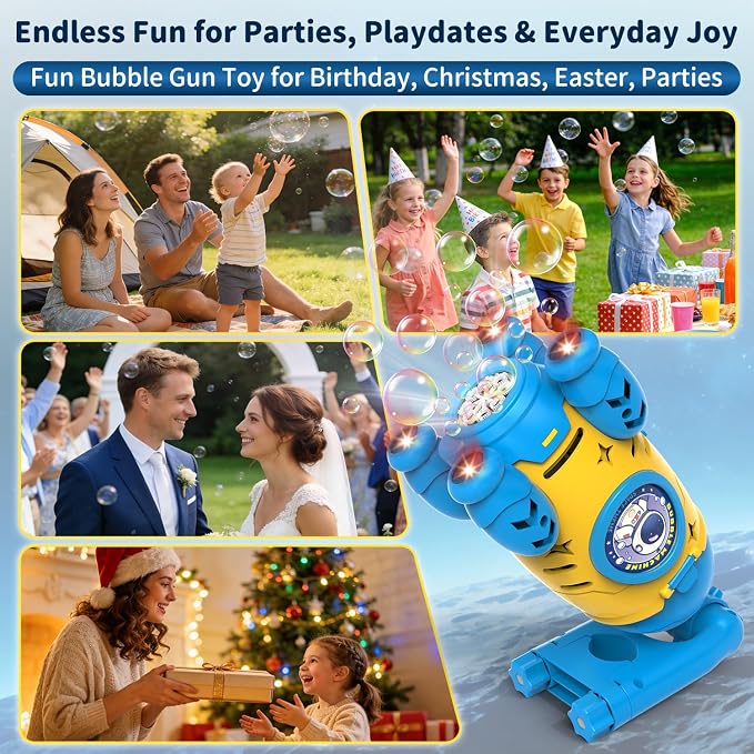 Bubble Gun for Kids, Automatic Rocket Bubble Machine, Handheld & Bicycle Use, Rechargeable Bubble Blower with Solution & LED Light, Summer Outdoor Toy, Gift for Boys Girls Age 3 4 5 6 7 8-12(Yellow)