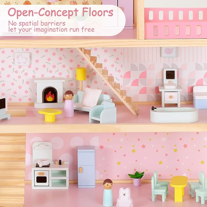 Pillowhale Wooden Dollhouse for Girls 3-Story Open Layout Playhouse with Furniture Accessories Pretend Play Role-Playing Toy Birthday Gift for Kids Ages 3+