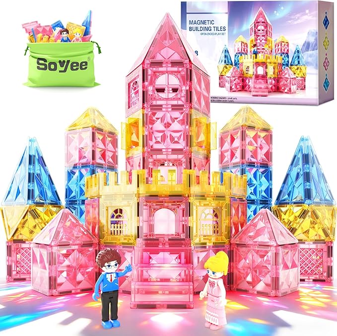 Soyee Diamond Magnetic Tiles Magnet Building Blocks - Princess Castle Toys for Girls & Boys Age 3-8 Birthday Present 5 6 7 8 9 10 Year Old Gifts for Kids Classroom