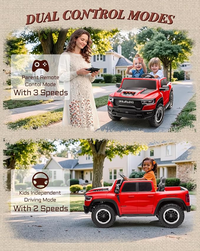 First Ride On 24V Ride On Toys for Big Kids, RAM 1500 2 Seater Ride on Car w/Remote, Battery Powered Truck w/ 4 Wheels Suspension, Toddler Car w/Bluetooth, LED Lights, Trunk