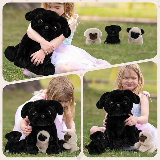 MorisMos Pug Stuffed Animal with Babies Inside, 14" Mommy Stuffed Pug with 3 Baby Puppies, 4Pcs Interactive Soft Cuddly Dog for Kids, Dog Lovers, Birthday Christmas Baby Shower Room Decor