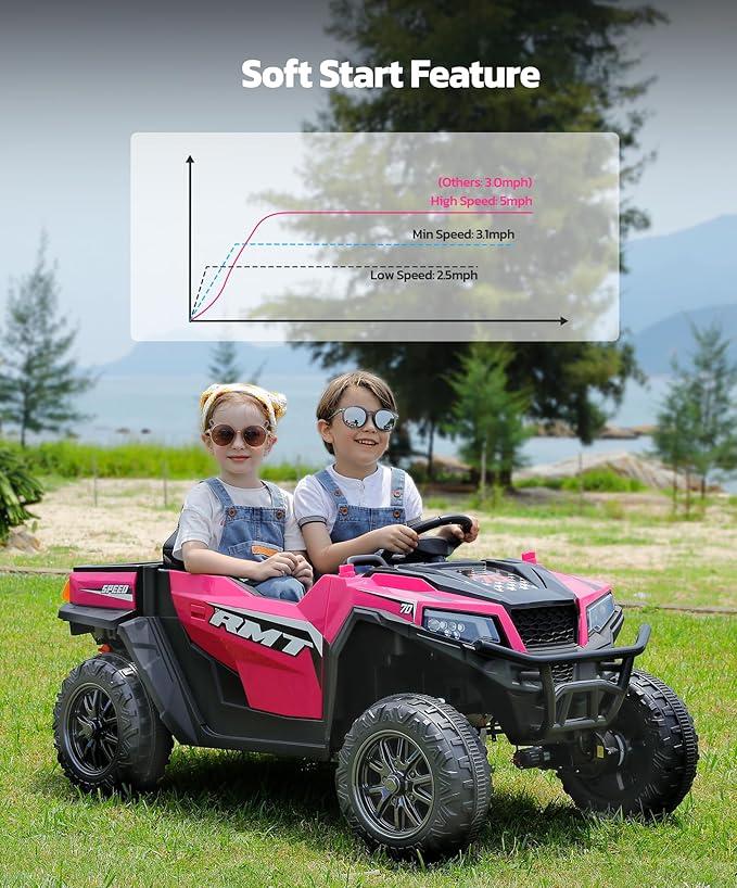 ELEMARA 24V Ride on Toy for Big Kid,Ride on Car 2 Seater w/Sun Shade,Dump Bed & Shovel,4.5MPH,4WD Electric Car for Kids,Battery Car w/Remote,Kids Ride on Truck,3 Speeds,LED Lights,Bluetooth, Hot Pink