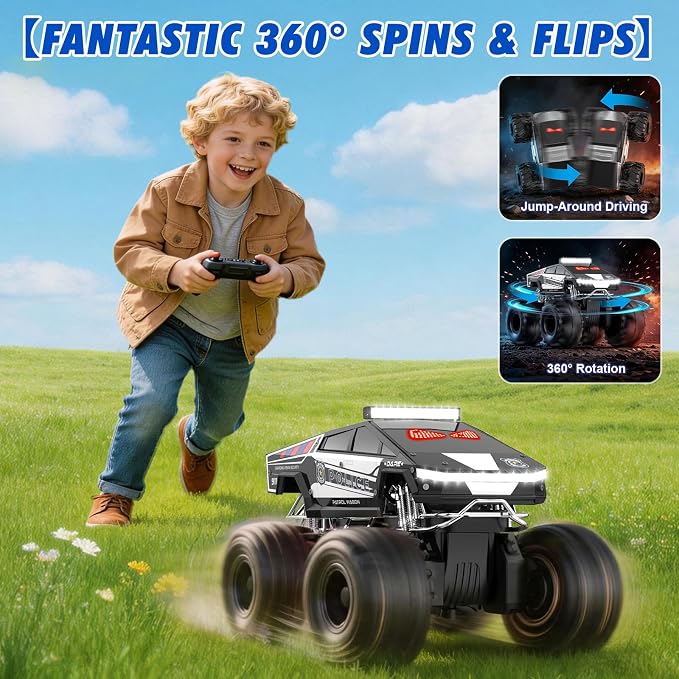 Qrytoi Police Remote Control Car with LED Light Eyes, Waterproof Amphibious Monster RC Car, 2.4GHz 4WD All-Terrain Cyber Truck Toy, Birthday Gift for Kids Ages 6-12