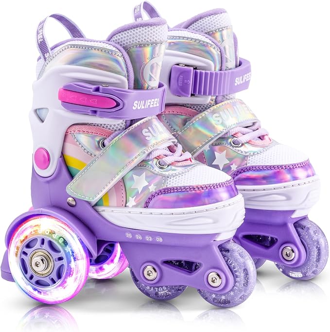 SULIFEEL Rainbow Unicorn 4 Size Adjustable Roller Skates for Girls Boys for Kids Ages 3-5 5-8 6-12 Children Skates Indoor Outdoor