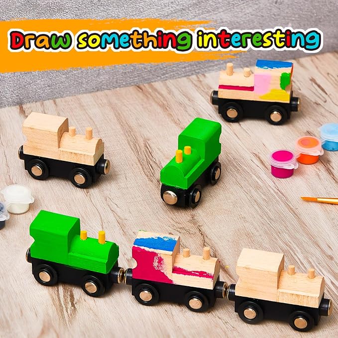 Halloscume Unfinished DIY Wooden Trains Magnetic Unpainted Wooden Train Cars Toys for Railway Paint Project, Birthday Party Decorations Back to School Crafts Gifts Supplies (Classic)
