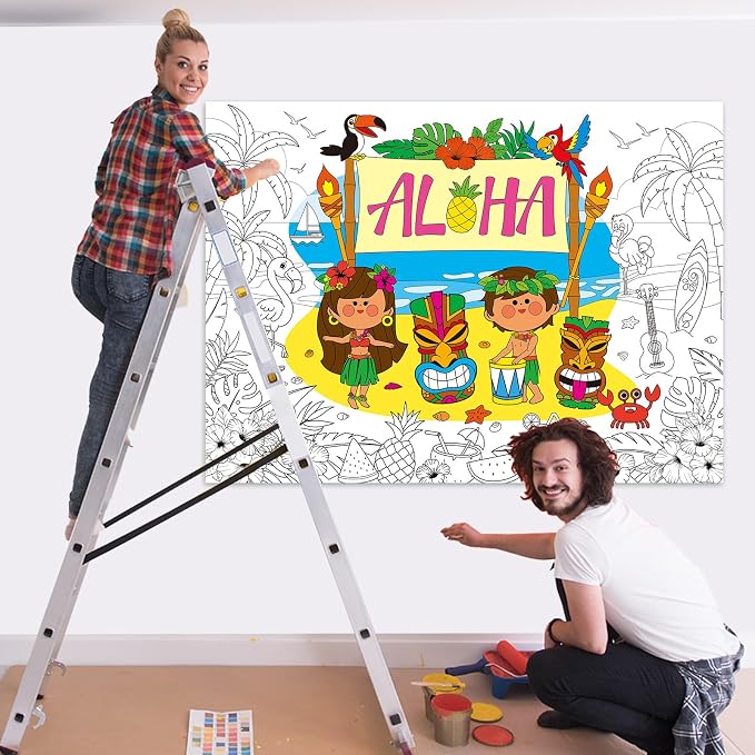 ZOIIWA Hawaiian Aloha Giant Coloring Poster Large Summer Coloring Sheet Big Luau Tropical Table Cloth Jumbo Books Page for Home Craft Activity Game Birthday Party Decoration Supplies 31.5 x 43.3 Inch