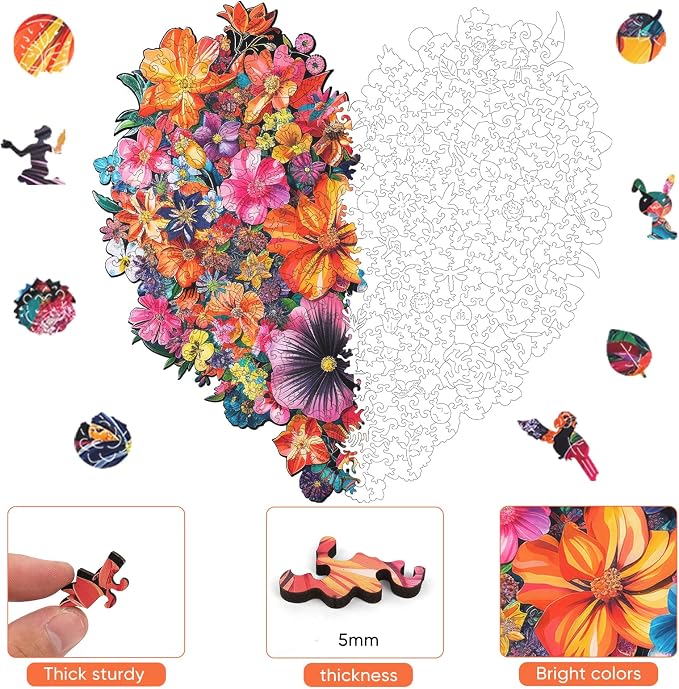 Mys Aurora Puzzles Gifts Heart Flower Wooden Puzzles for Adults, 200 Pieces Unique Shaped Jigsaw Puzzles for Mom, Fun Challenge Family Game 11.2'' x 10.8'' FSC Certified