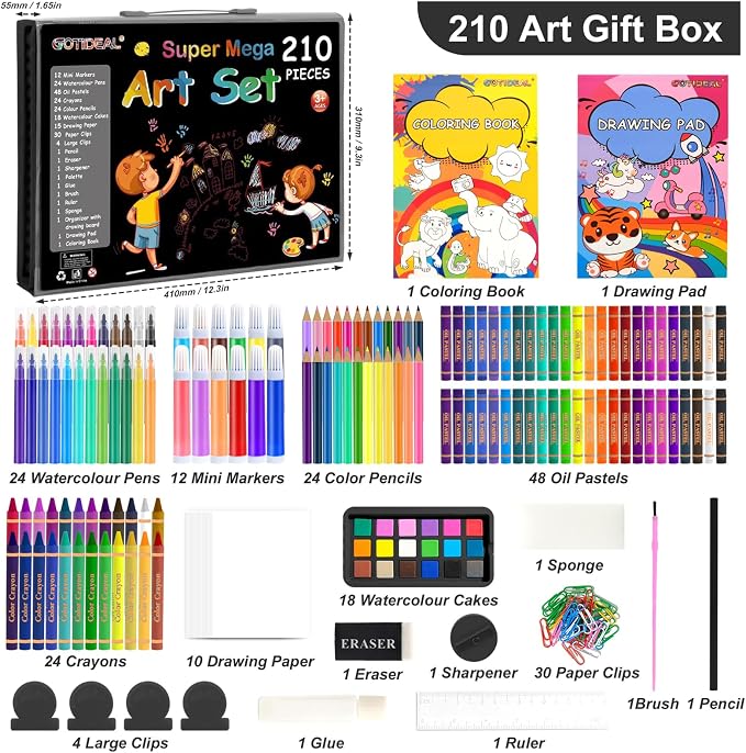 GOTIDEAL Kids Art Kit,Art Supplies for Kids,210 PCS Art Set with Double Sided Trifold Easel,Coloring Book, Crayons, Markers, Watercolor Pens, Arts & Crafts,Gift for 4-12 Year Old(Black)