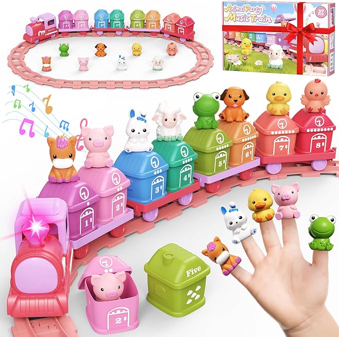 Train Set for Toddlers 2-4, Electric Toddler Train Set with Farm Animals, Music & Lights, Montessori Counting & Sorting Learning Toy, Birthday Easter for Boys Girls (Pink)