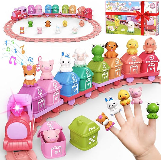 Train Set for Toddlers 2-4, Electric Toddler Train Set with Farm Animals, Music & Lights, Montessori Counting & Sorting Learning Toy, Birthday Easter for Boys Girls (Pink)
