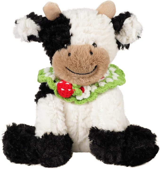 Hopearl Adorable Plush Cow Toy with Knitted Cute Strawberry Bib Floppy Dairy Cattle Soft Kawaii Stuffed Animal Gift for Boys Girls Kids Toddlers, 9''