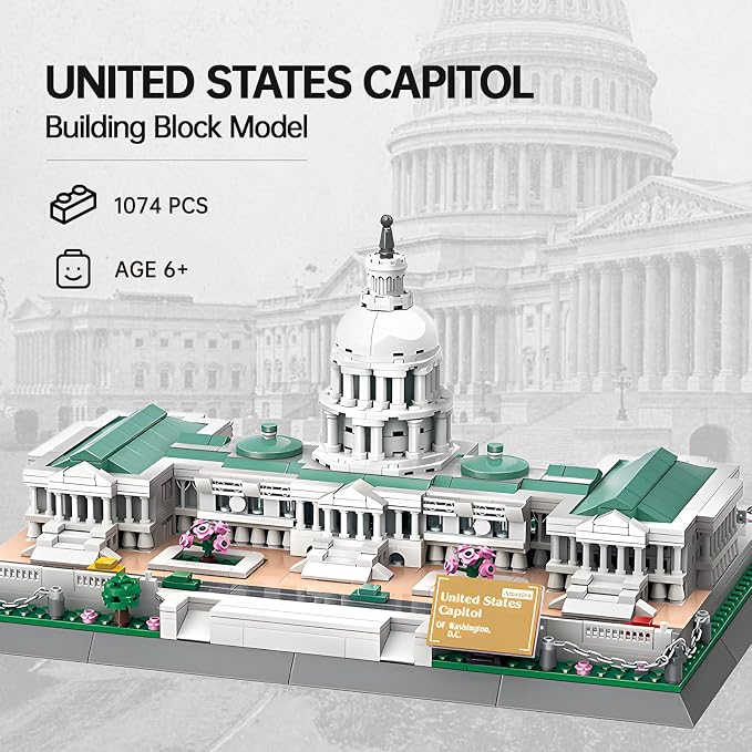 United States Capitol Building Blocks Set 1074 Pieces Washington D.C. Architecture Model Kit with Nameplate & Chain Fence USA Landmark Souvenir Gift Construction Toy for Adults & Teens