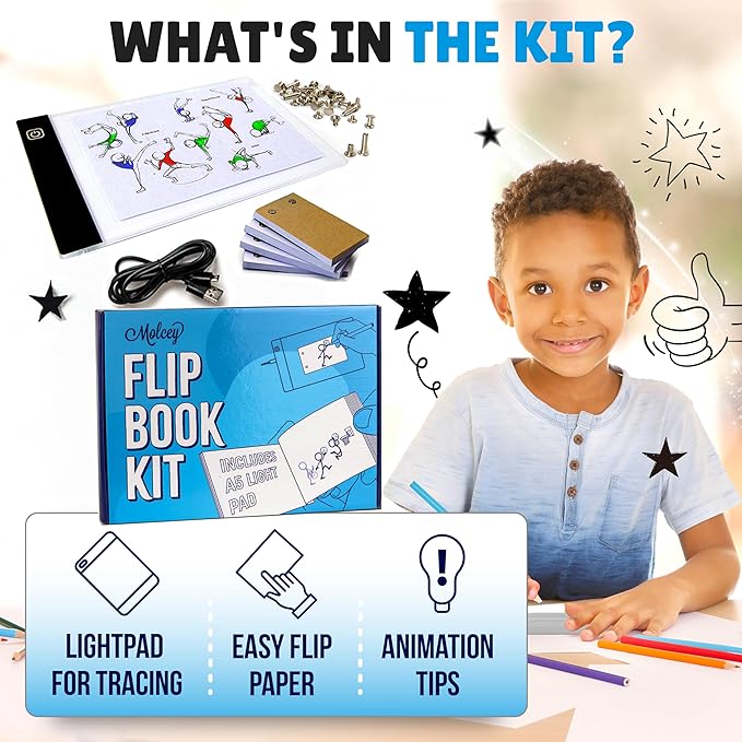 Flip Book Kit with LED Light Pad. Includes 240 Sheets Flip Book Paper with Screws for Drawing and Tracing. Animation Paper/Blank Flip Books for A5 Flipbook Kit for Kids 9-12 6-8. LED Light Box